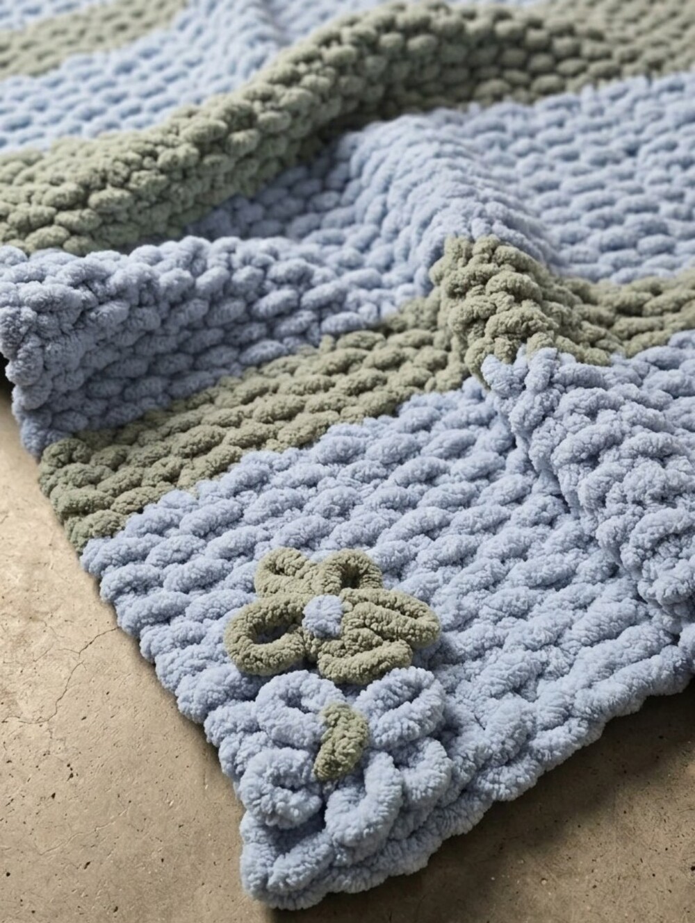 Plush Chunky Knit Fog Blue & Sage Hand Knit XL Throw Blanket